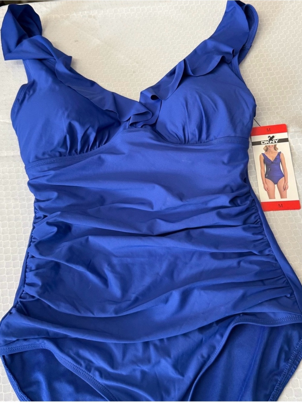 DKNY Royal Blue Ruffled V‑Neck One‑Piece Swimsuit Size M NWT - Picture 6 of 7